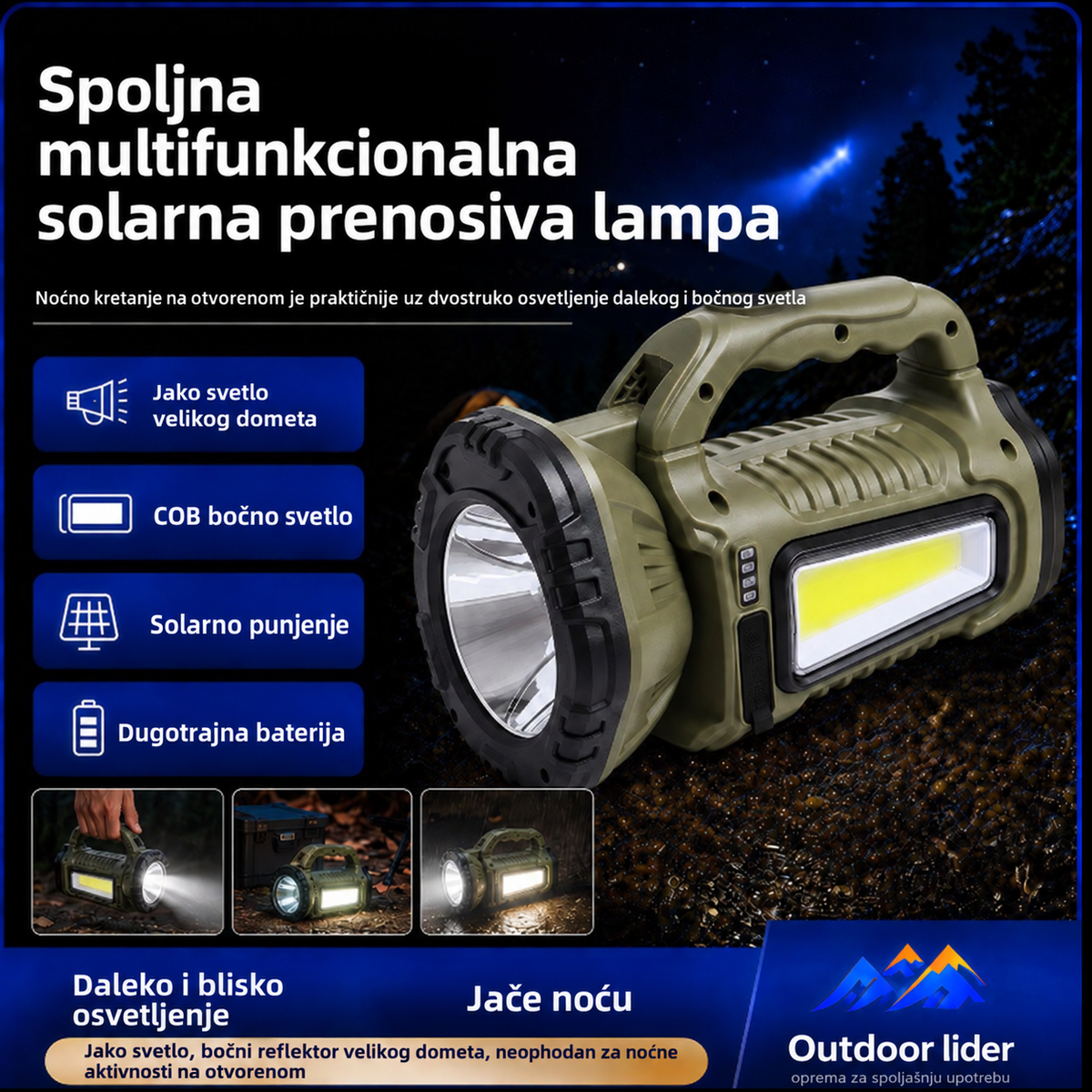 Solarna i USB punjiva višenamenska kamp lampa
