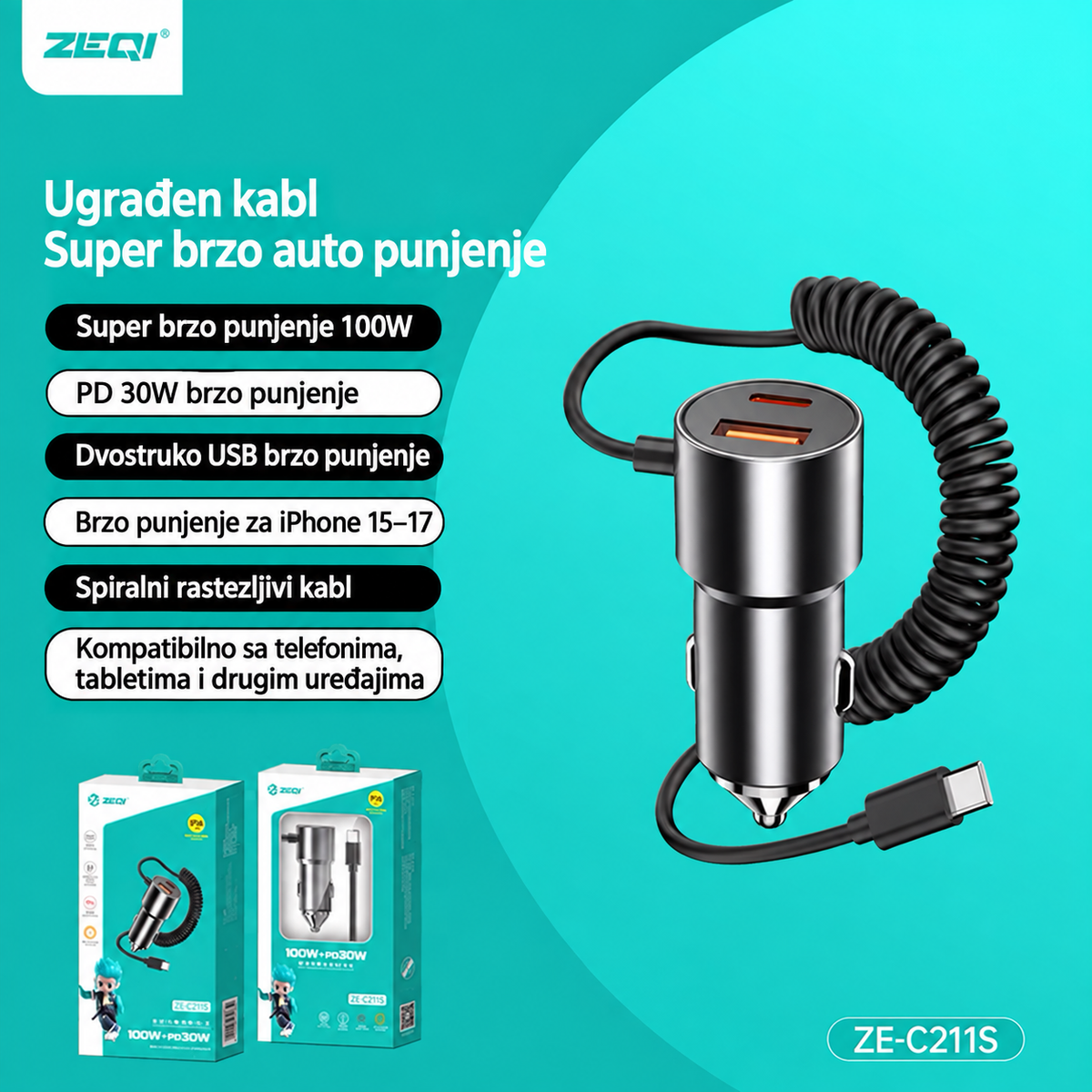 Auto-punjač sa ugrađenim kablom za super brzo punjenje