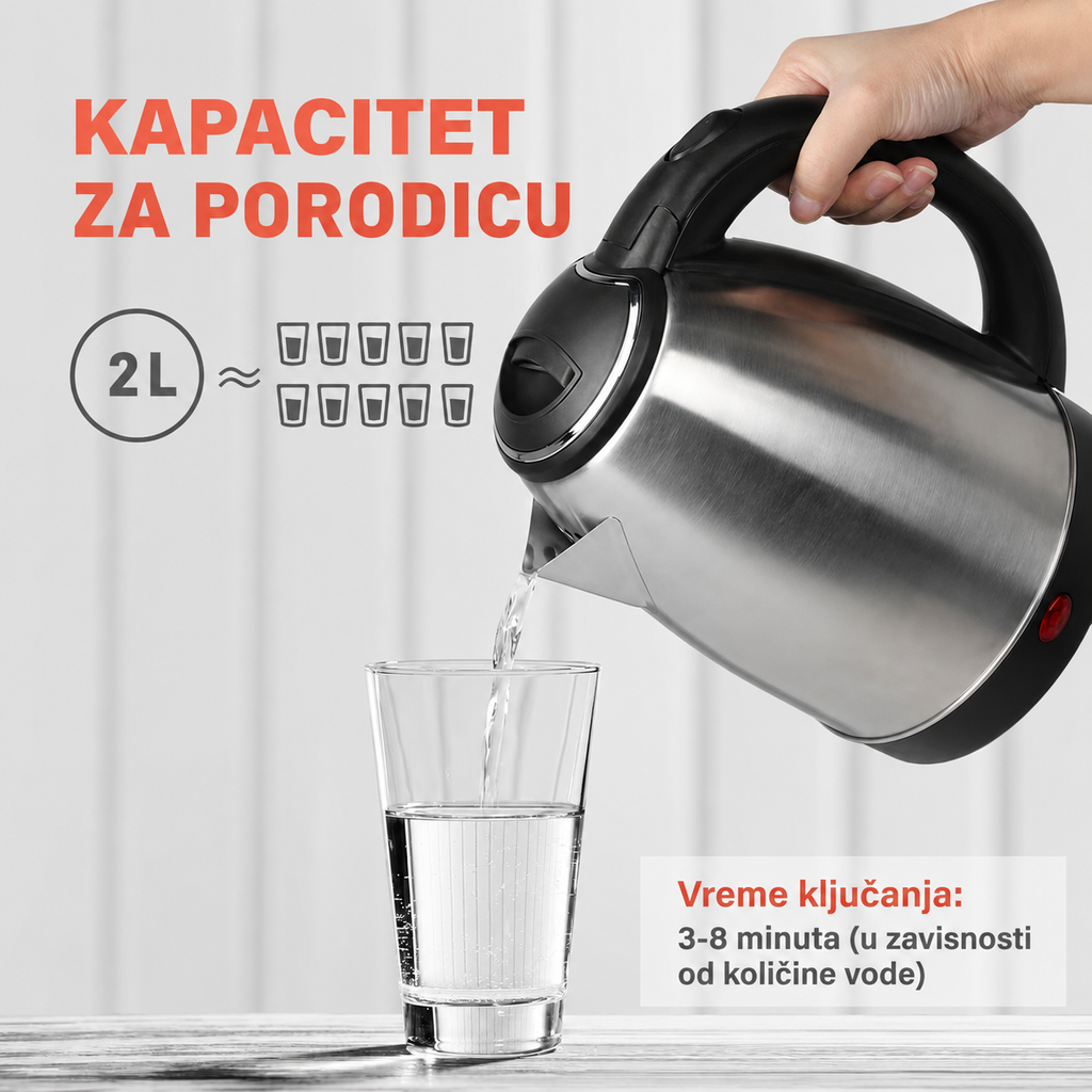 Električno kuvalo za vodu od nerđajućeg čelika 304, 2 L