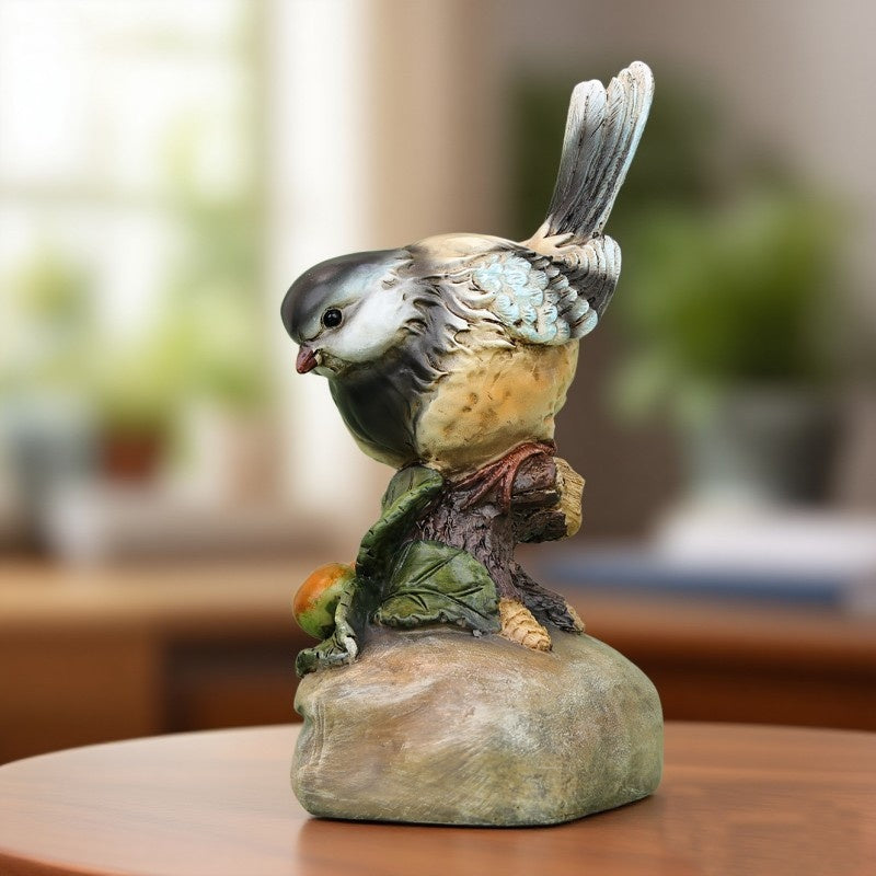 Handcrafted Artisan Resin Rock Base Bird Statue Specimen, Animal Lover's Desktop Decorative Collectible for Harvest Festival Classroom Props with Wooden Stake-Like Stand. Ideal Gift and Home Décor Piece for Living Room, Office, or Study