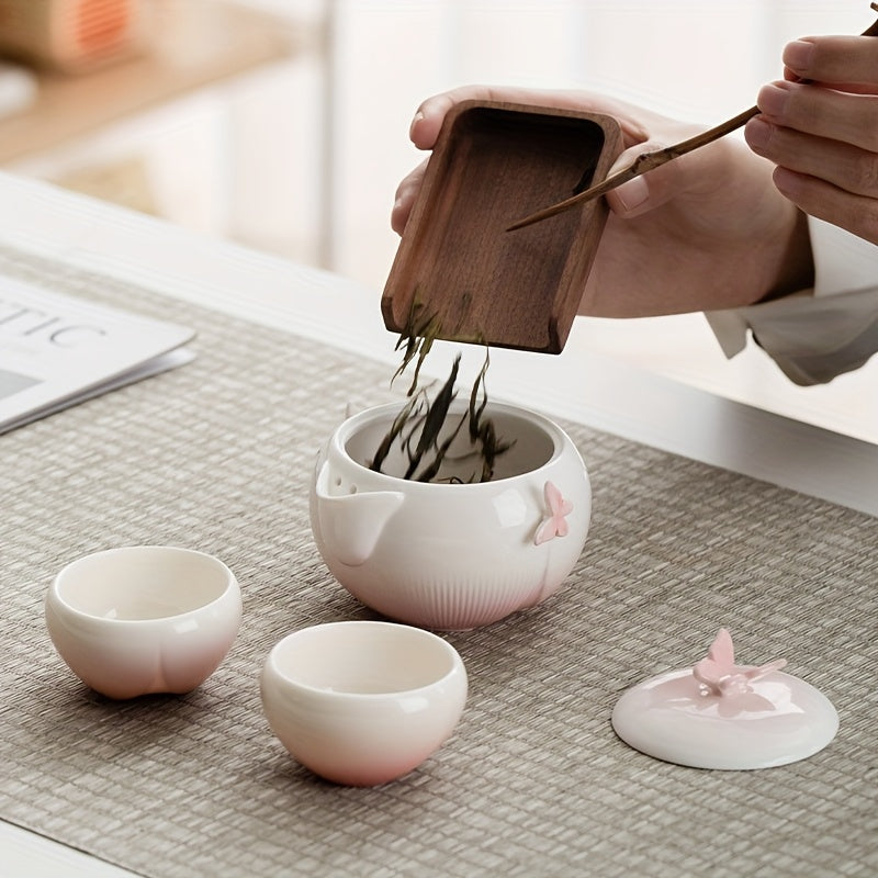 1 Set of Handmade Butterfly-shaped Ceramic Teapot, Including One Teapot and Two Cups with a Storage Bag, Portable Kung Fu Tea Set for Outdoor Camping, a Cute and Creative Gift