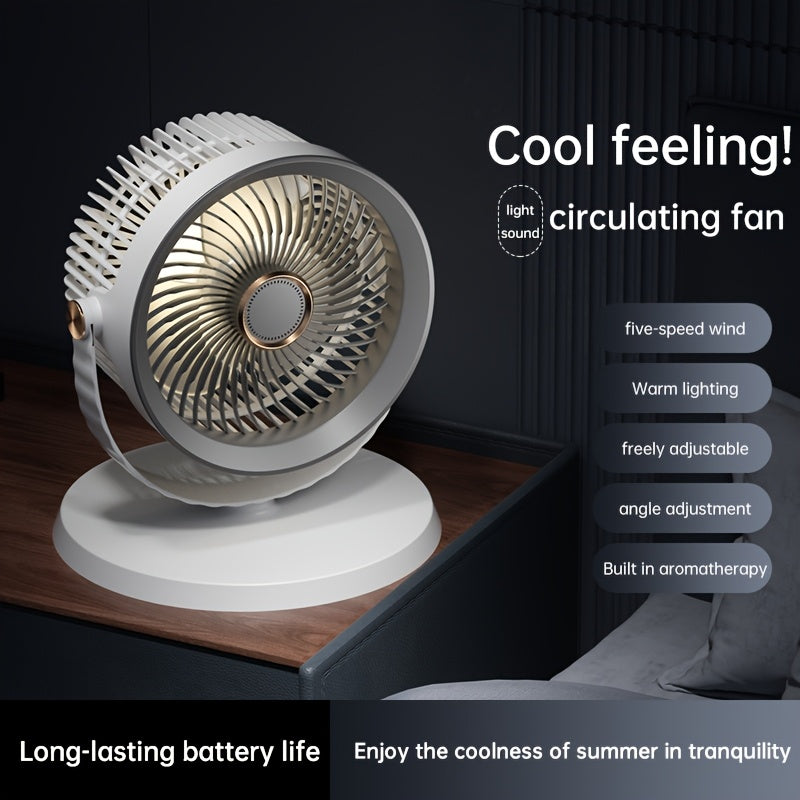 2026 New Rechargeable Air Circulator Fan, 5-Speed Adjustable Silent Floor Fan with Built-In Warm Light Night Light, 360° Rotatable And Height Adjustable, Dual Use for Hanging And Tabletop, Suitable for Bedroom, Office, And Outdoor Camping