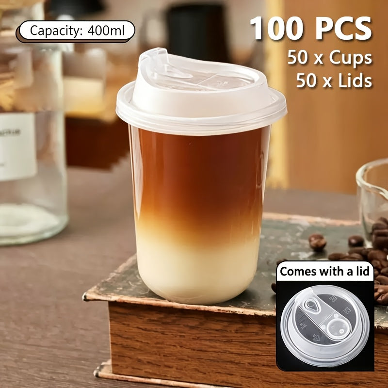 100pcs (50pcs Cups And 50pcs Lids) PET Cups, Plastic Cups with Lids, Leak-Proof Design, Flip-Top Mouth, Very Suitable for Lovers, And Applicable to Tea, Juice And Other Beverages. Very Suitable for Takeaway from Beverage Shops for School