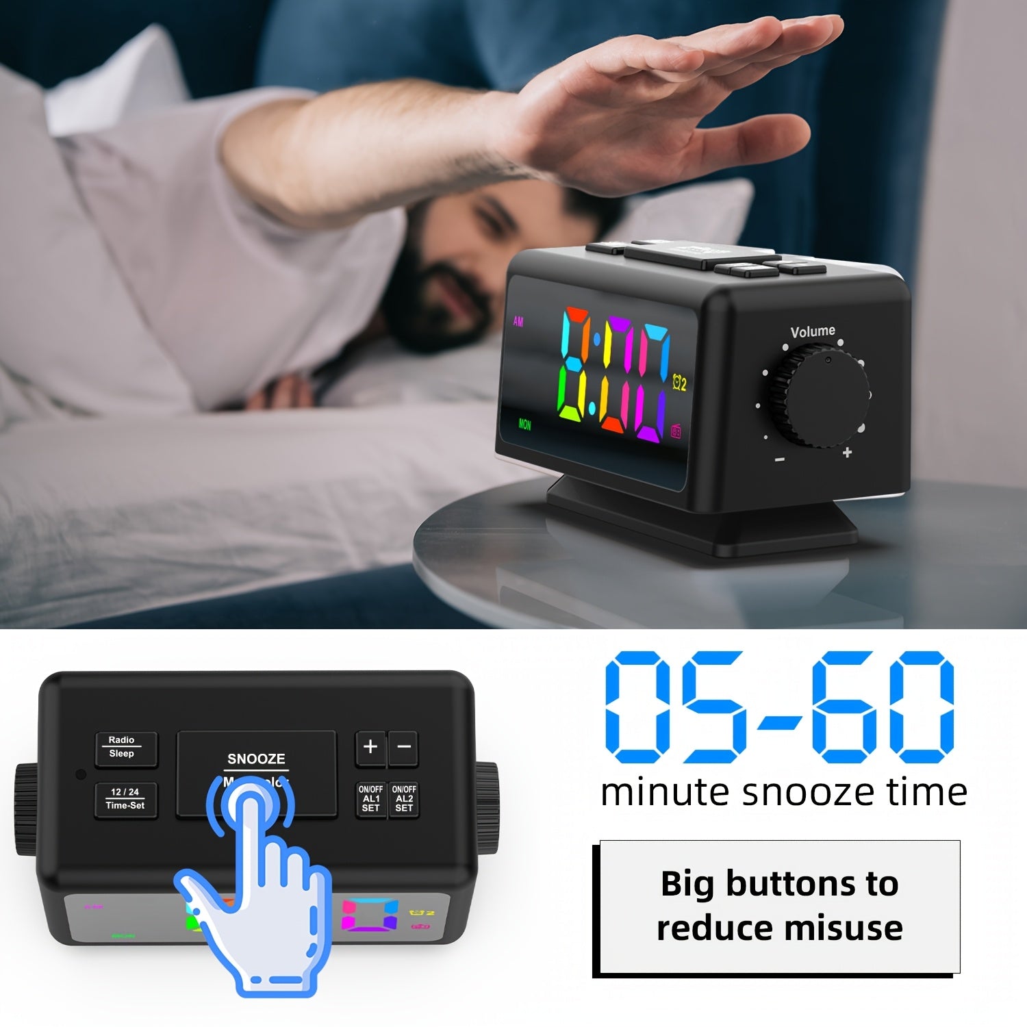 Moderan crni radio budilnik sa RGB LED ekranom, USB napajanjem, FM radiom, funkcijom "Snooze", i pozadinskim osvetljenjem, kompaktan dizajn za pored kreveta ili radni sto, šarmantan budilnik