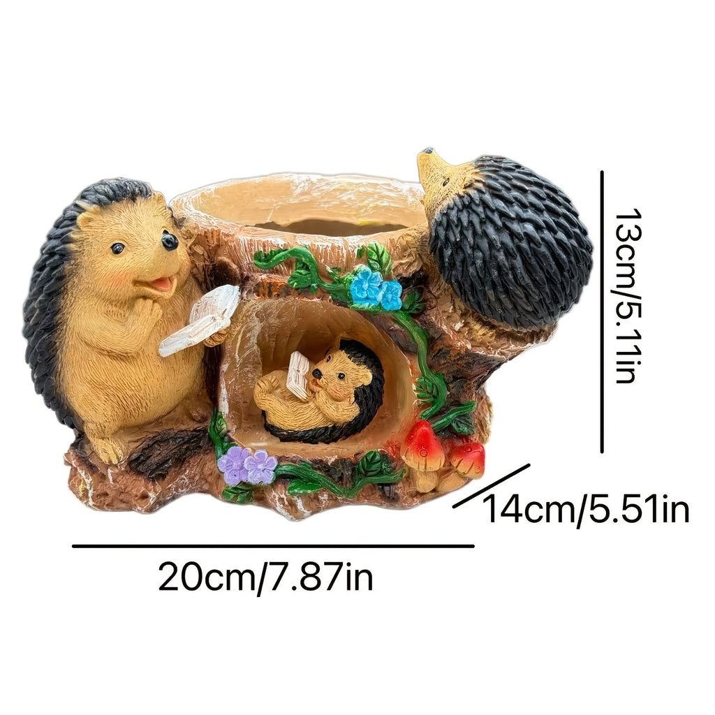 Resin Hedgehog Family Garden Statue with Flower Pot Base - Rustic Outdoor Decoration Suitable for Lawns, Courtyards, Christmas Gifts, Ground Stake Figurine for Gardens,, and Decor (Wooden Stake)
