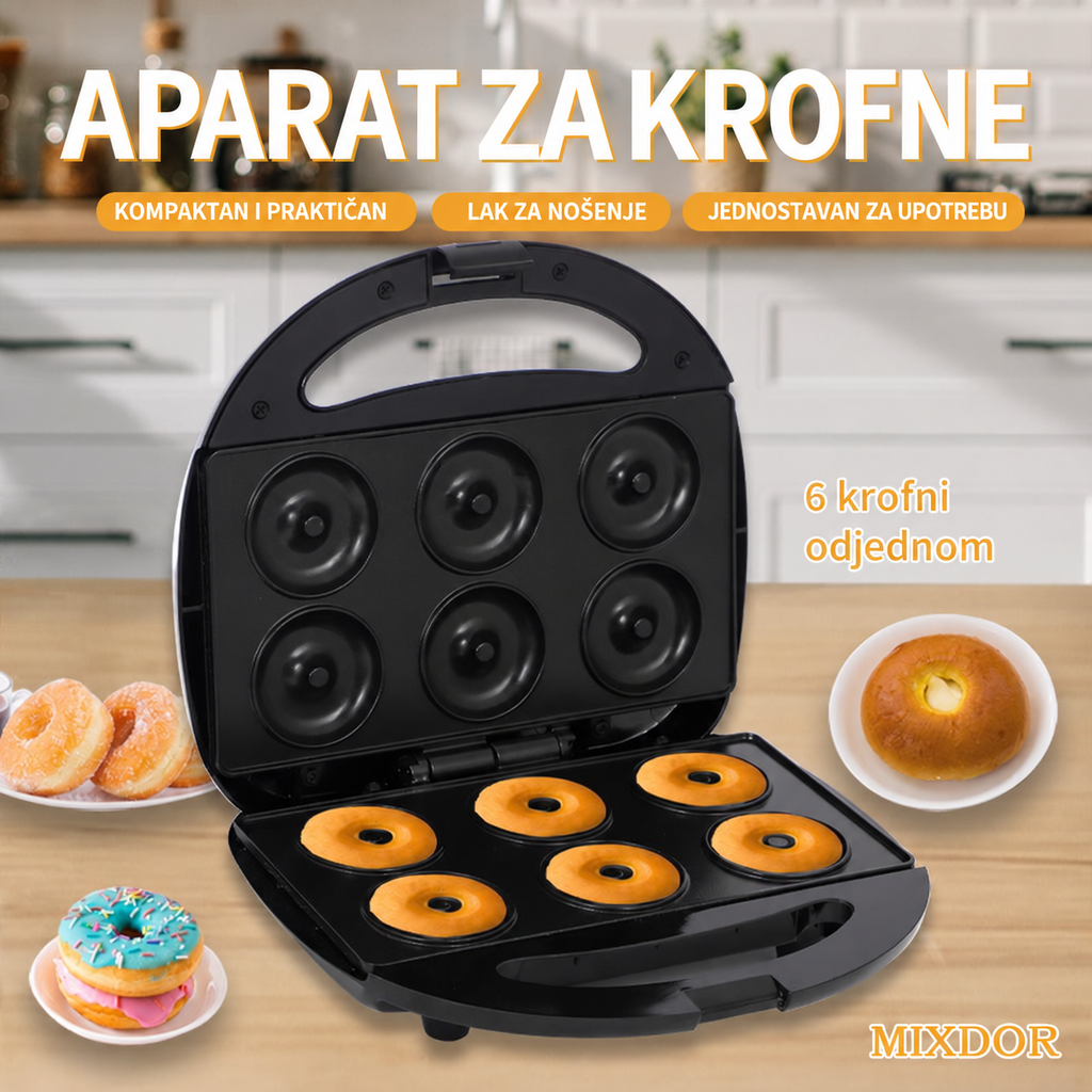 750W Električni aparat za krofne, mini pekač za krofne sa 6 rupa i nelepljivom završnicom, dvoslojni grejni kućni aparat za pravljenje doručkova i deserta za kućnu kuhinju