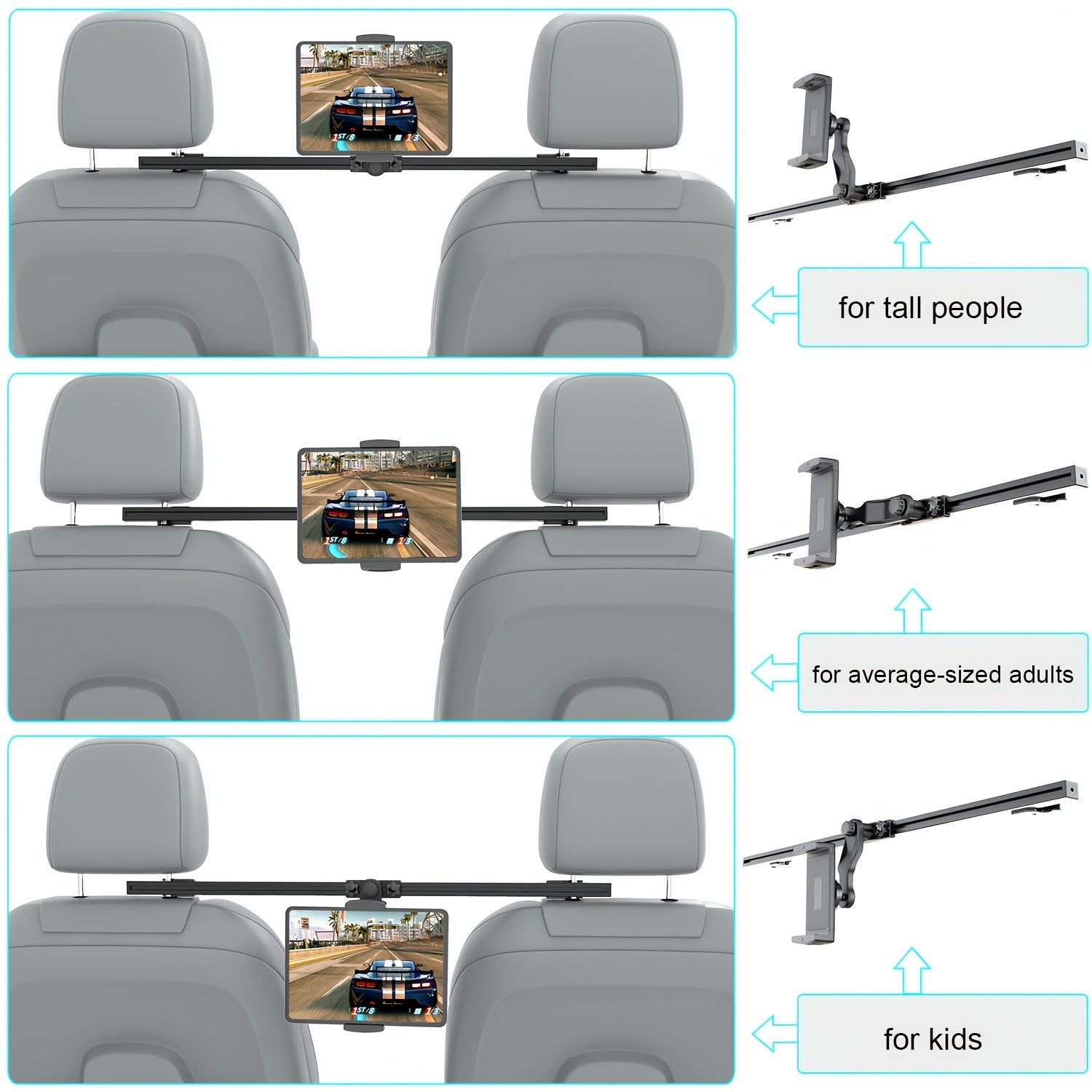 TEEFEET Podesivi držač za iPad za naslon za glavu u automobilu - Stezna montaža kompatibilna za iPad Pro/Air/Mini stalak za tablet, podesivi stezni nosač sa bazom za naslon za glavu, stalak za tablet pogodan za zadnje sedište automobila, za upotrebu u voz