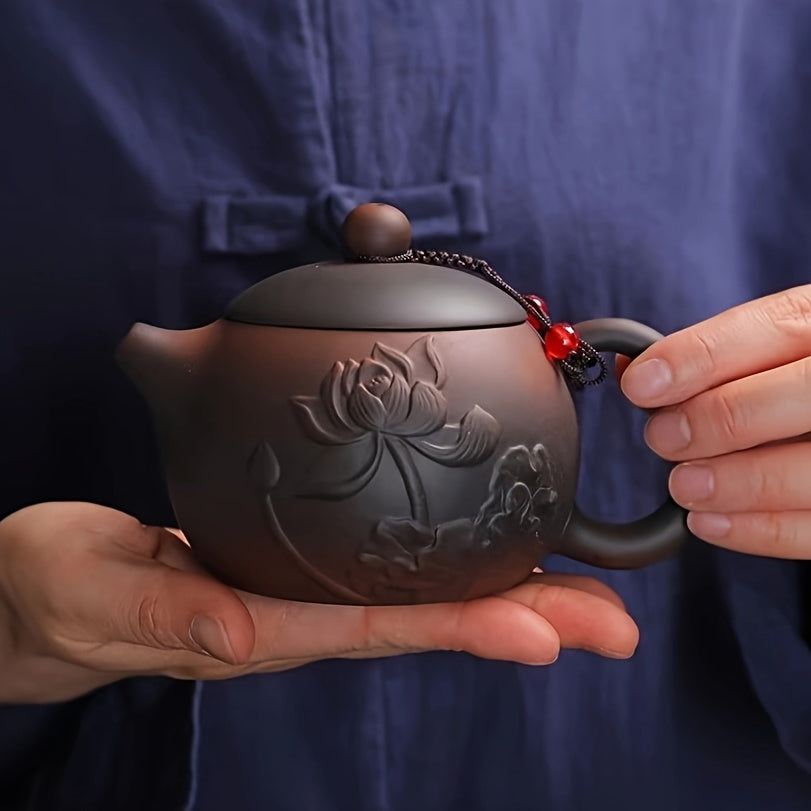 Handcrafted Purple Clay Teapot With Embossed For Lotus Design - Large Capacity, Smooth Pouring, Traditional Craftsmanship - Perfect For Home Brewing & Gifting