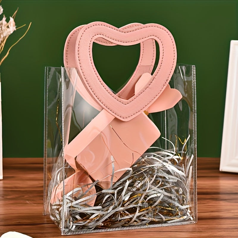 Poklon za nju/njega 14 komada poklon kesa sa ručkama u obliku srca (17.78X10.16X20.32cm) - Roze ručke, providne, višekratne za 100 prilika (Venčanje/Dan zaljubljenih/Praznici)