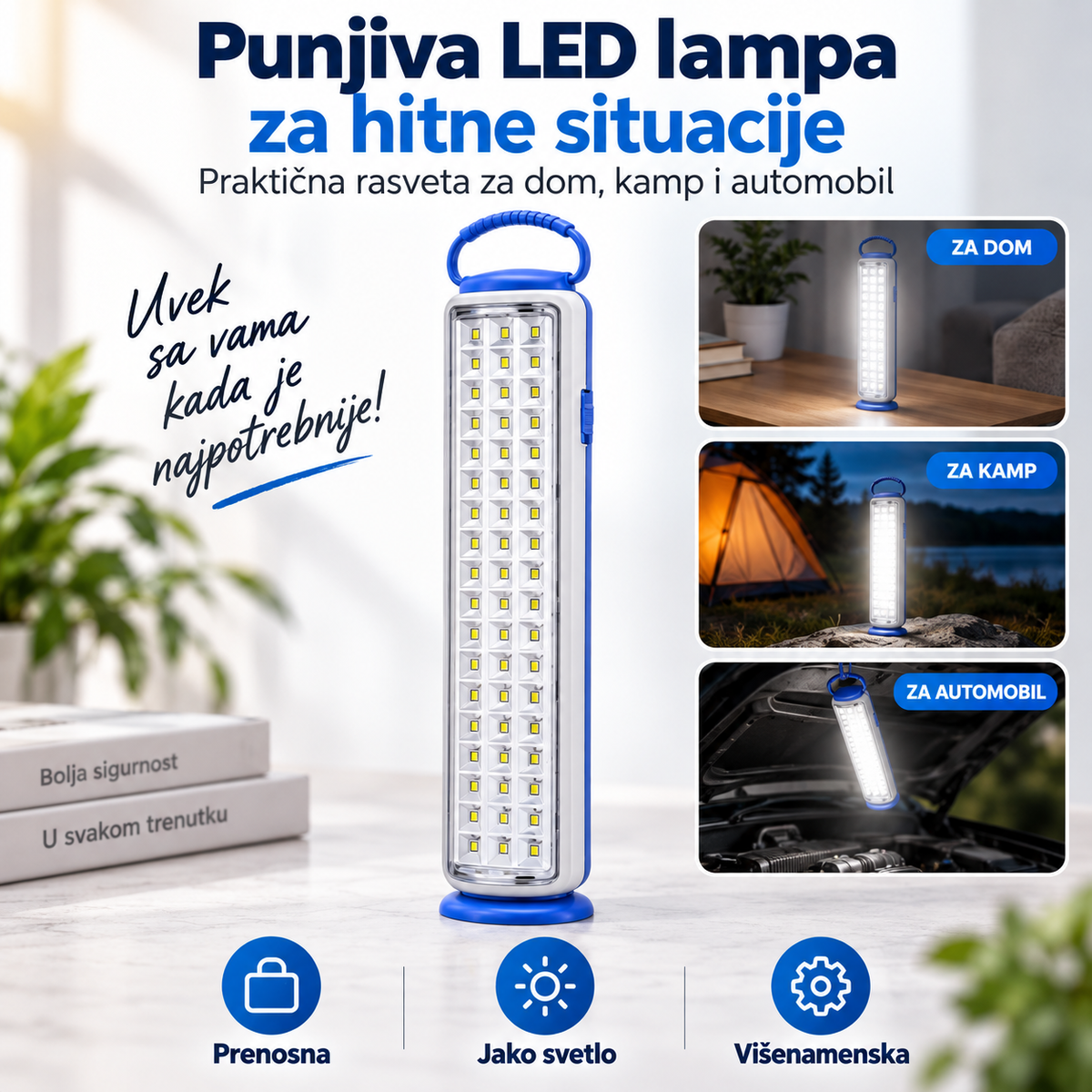 Prenosna LED lampa za hitne situacije – praktično svetlo za dom, kamp i automobil