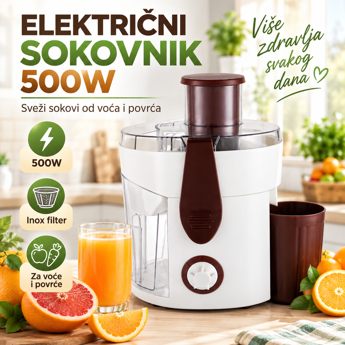 Električni sokovnik 500W – aparat za ceđenje voća i povrća sa inox filterom