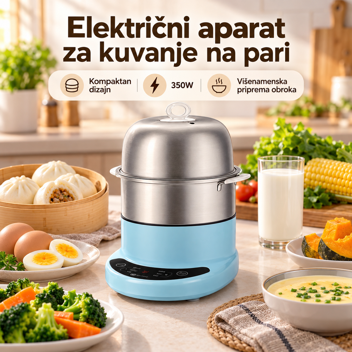 Električni kuvar na pari 350W – aparat za jaja i pripremu hrane sa dva nivoa