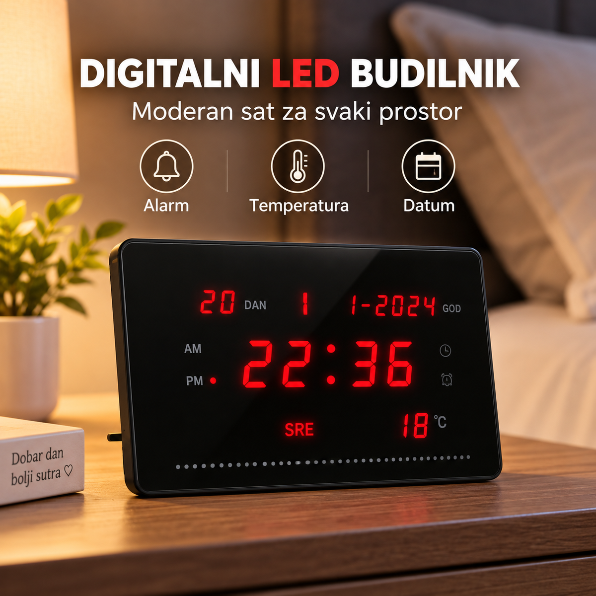 Digitalni LED budilnik sa temperaturom, datumom i glasovnom kontrolom