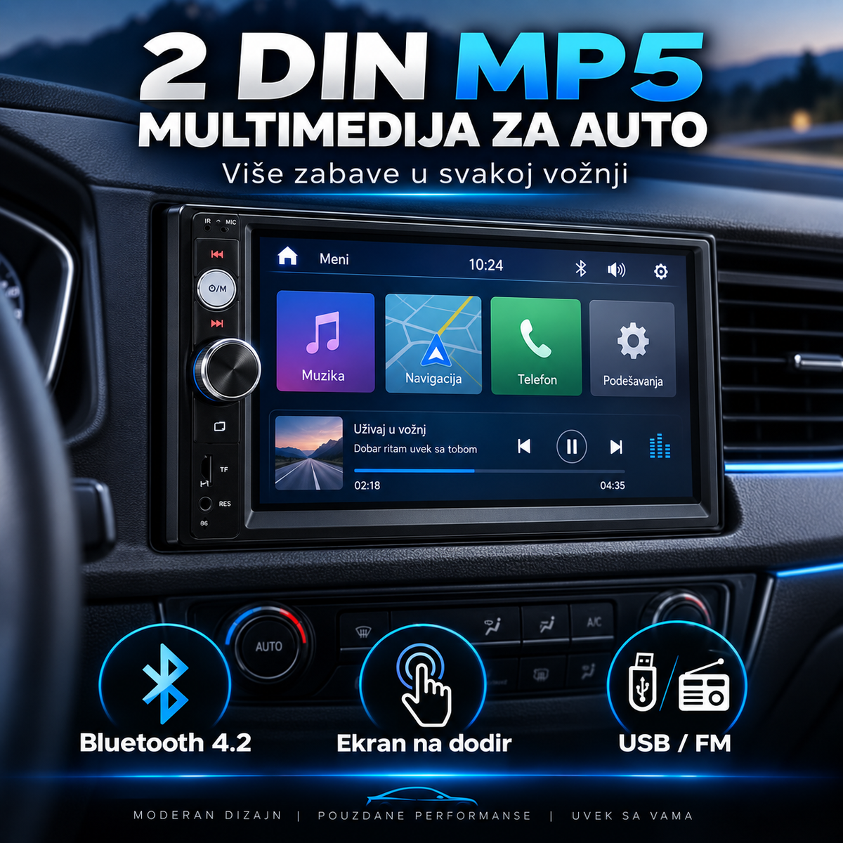 2 DIN MP5 auto radio sa ekranom na dodir – Bluetooth 4.2, USB i FM