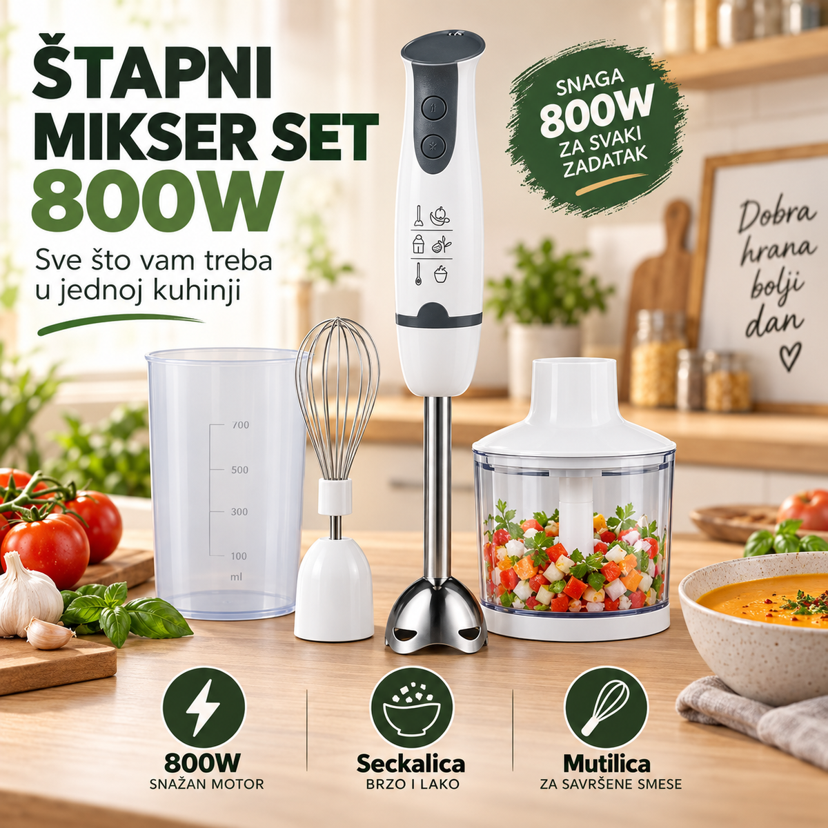 Štapni mikser set 800W – ručni blender sa seckalicom, mutilicom i posudom
