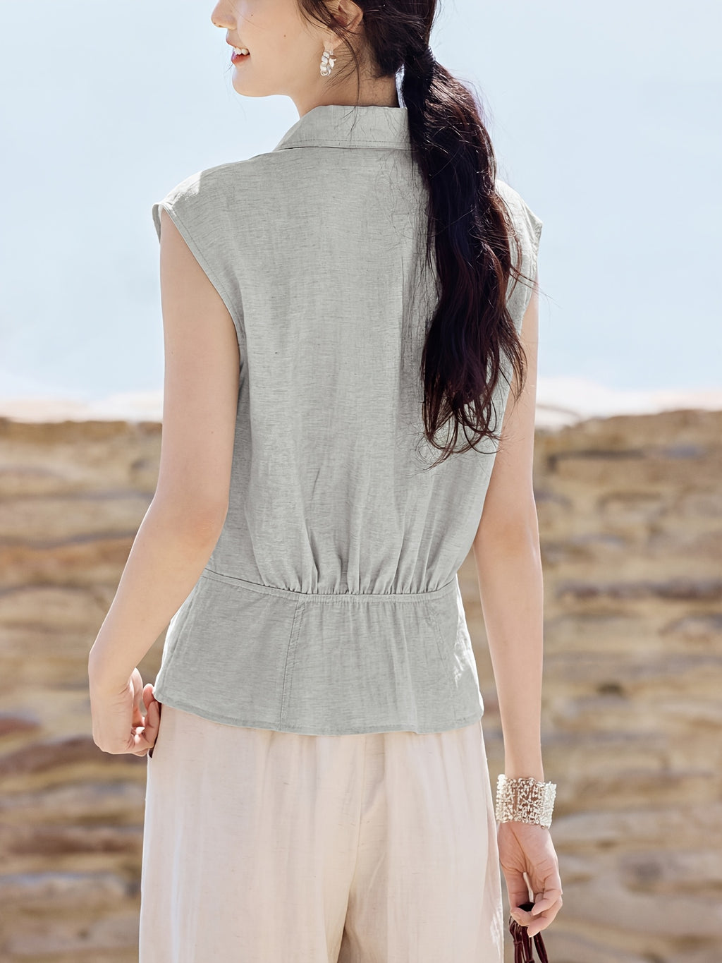 XWI a Summer New Style Women'S Shirt [Three-Quarter Sleeves Light Oxygen Commuting] Daily Commuting Office Wear Spring Summer Women'S New Style Three-Quarter Sleeves Three-Dimensional Lapel Pleated Waist-Cinching Shirt