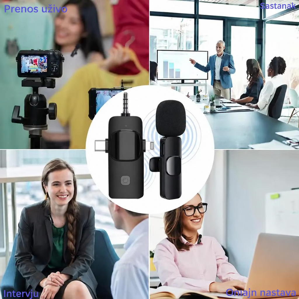Minijaturni Mikrofon, 3-u-1 Bežični Lavalier Mikrofon, Radio Klip sa Poništavanjem Buke