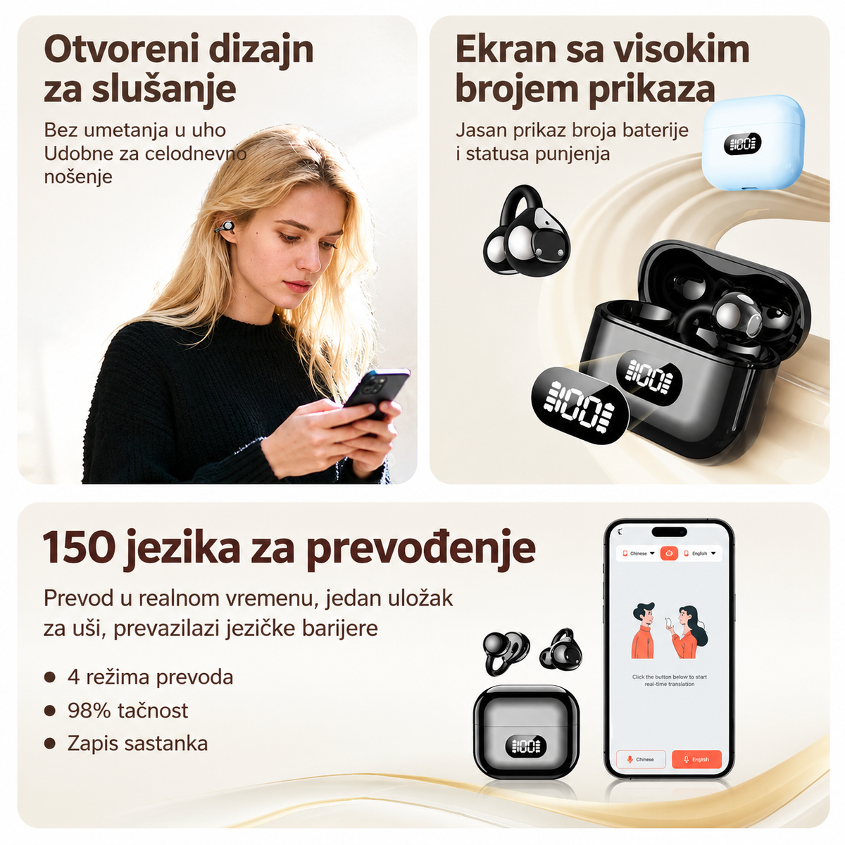 Pametne AI Bluetooth slušalice sa klipsom