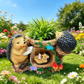 Resin Hedgehog Family Garden Statue with Flower Pot Base - Rustic Outdoor Decoration Suitable for Lawns, Courtyards, Christmas Gifts, Ground Stake Figurine for Gardens,, and Decor (Wooden Stake)