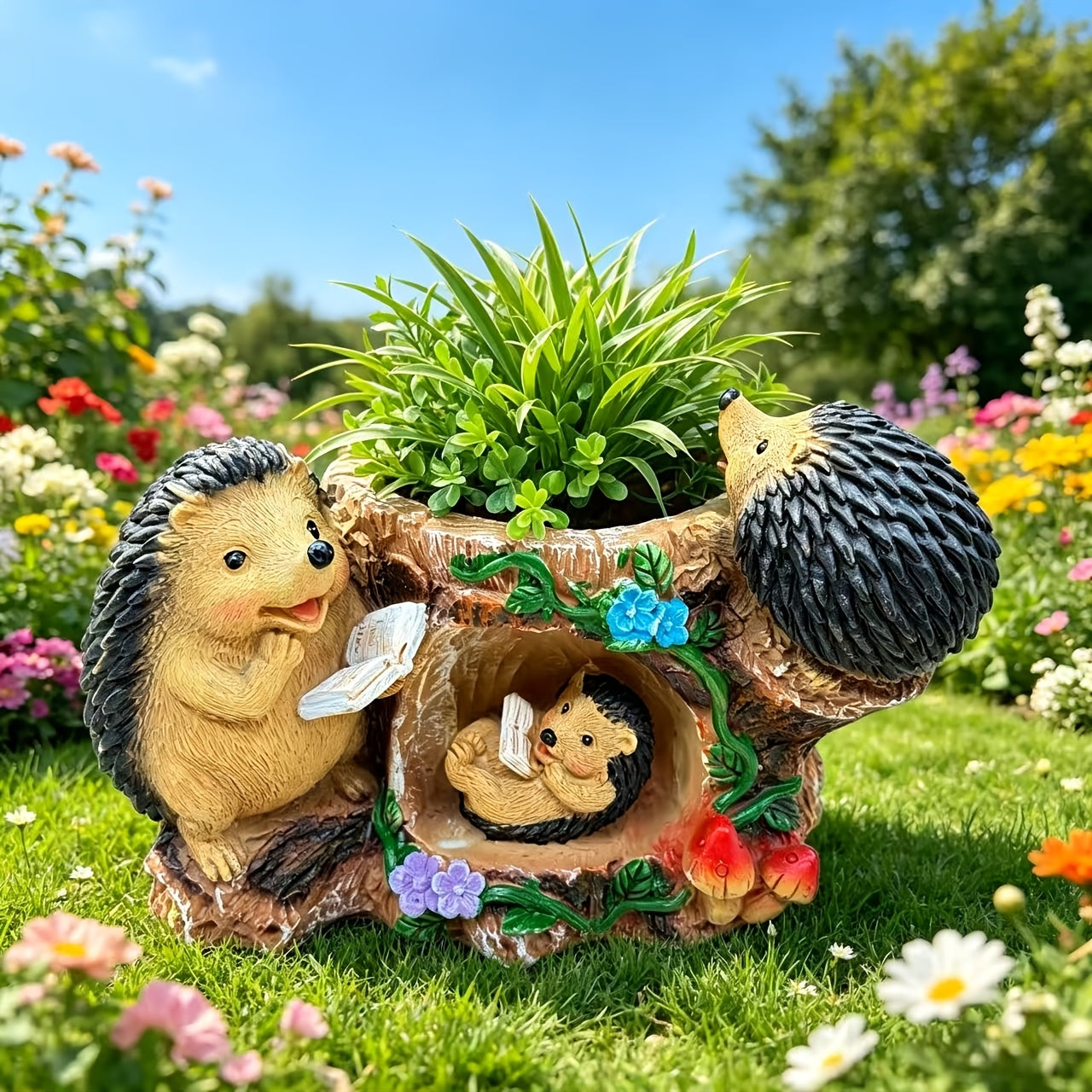 Resin Hedgehog Family Garden Statue with Flower Pot Base - Rustic Outdoor Decoration Suitable for Lawns, Courtyards, Christmas Gifts, Ground Stake Figurine for Gardens,, and Decor (Wooden Stake)