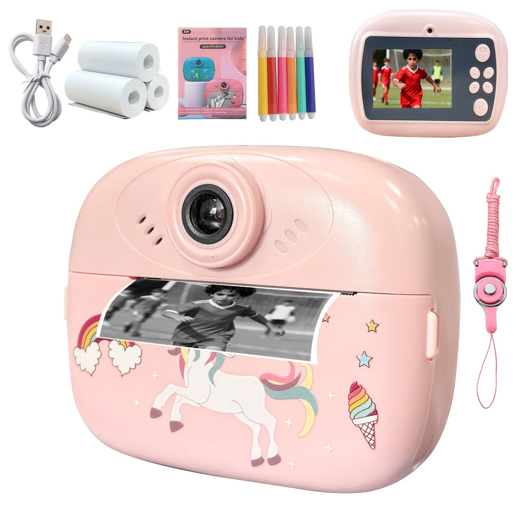 Dečiji fotoaparat za trenutni štampanje 5-u-1 - Odmah štampa fotografije, ima funkciju velike foto-budke, mini-igre, 8x digitalni zum, 1080P HD ekran, fotografija - Uključuje USB kabl, traku za nošenje i tri rolne papira za štampanje - Savršen poklon za N