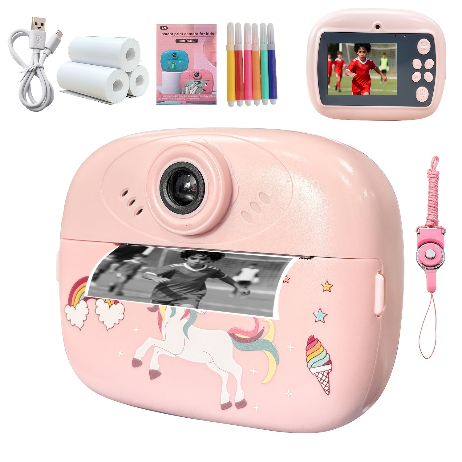 Dečiji fotoaparat za trenutni štampanje 5-u-1 - Odmah štampa fotografije, ima funkciju velike foto-budke, mini-igre, 8x digitalni zum, 1080P HD ekran, fotografija - Uključuje USB kabl, traku za nošenje i tri rolne papira za štampanje - Savršen poklon za N