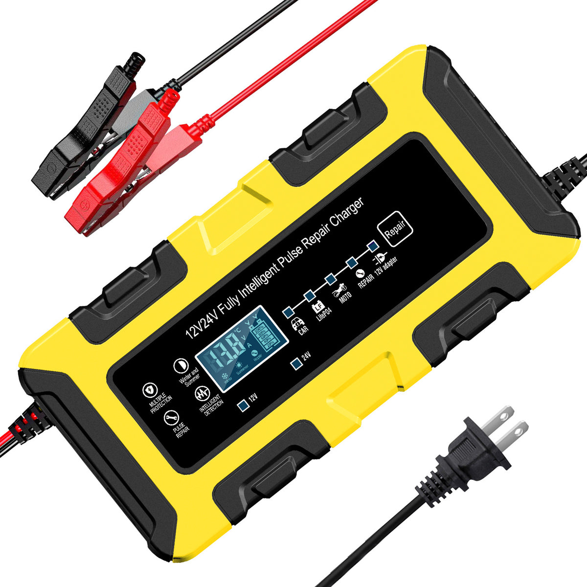 12V 6A Pametni punjač akumulatora za automobile sa LCD ekranom u boji, identifikacijom temperature, trickle punjenjem i održavanjem akumulatora za automobile, motocikle i kosilice - EU utikač, akumulator nije uključen