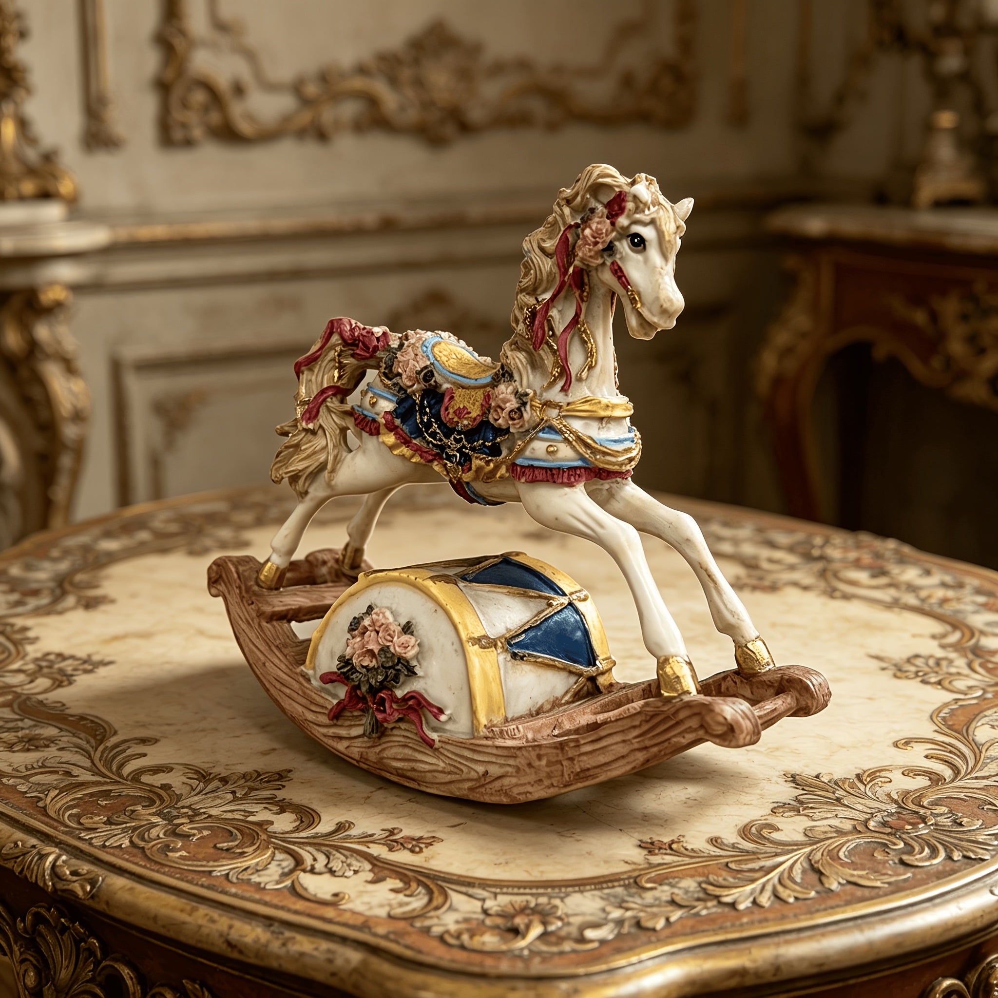 1pc Vintage European Rocking Horse Figurine - Resin Rocaille Horse with Floral Base & Rocker Motion Suitable for Living Room,, Desktop Decor - Luxury Fairy Tale Gift for, Birthday, Housewarming Presents, Historical Collectible