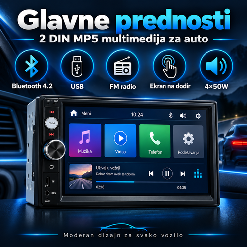 2 DIN MP5 auto radio sa ekranom na dodir – Bluetooth 4.2, USB i FM