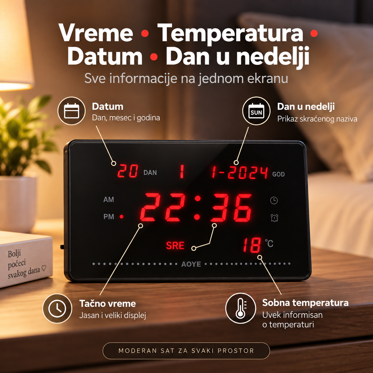 Digitalni LED budilnik sa temperaturom, datumom i glasovnom kontrolom