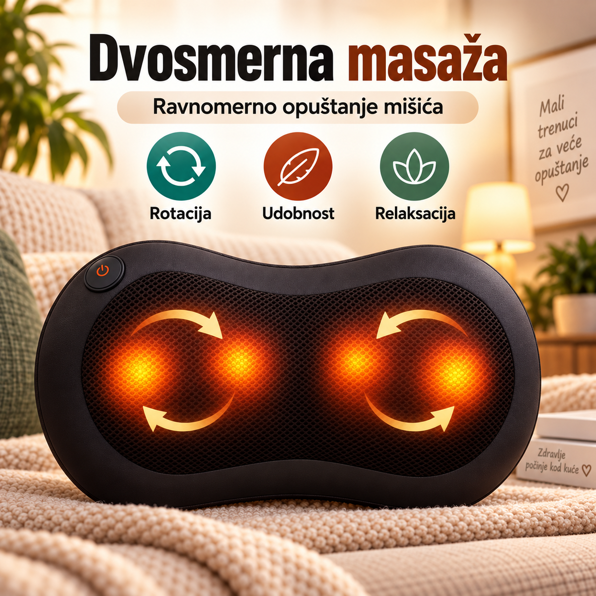 Masažni jastuk sa grejanjem 24W – električni masažer za vrat, ramena, leđa i struk