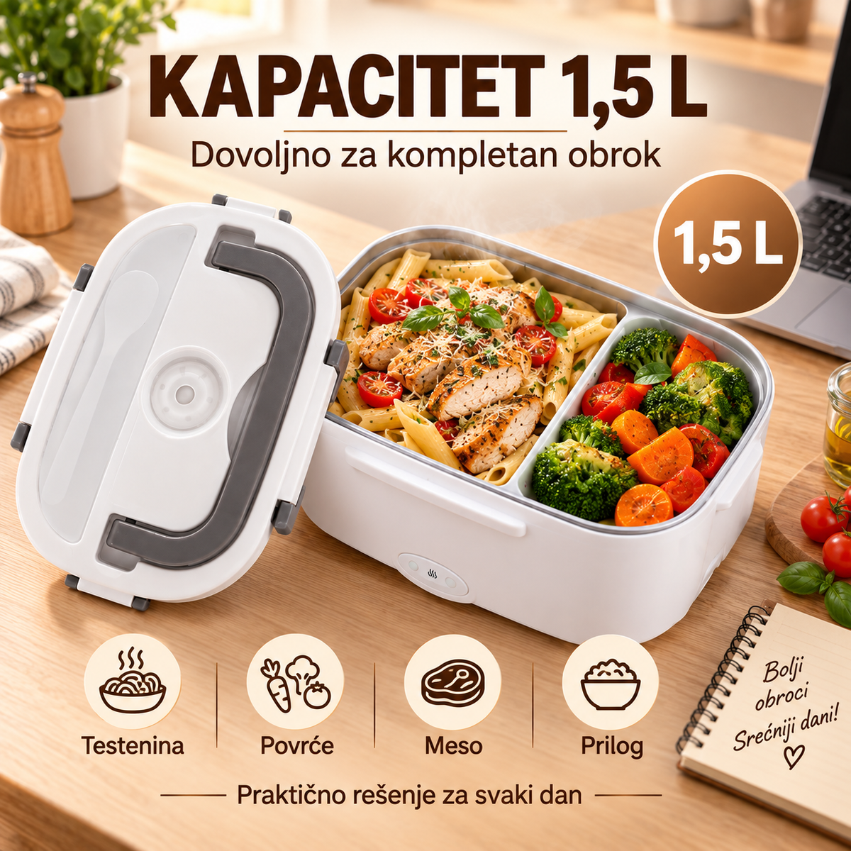 Električna kutija za ručak 1,5 L – posuda za podgrevanje hrane, prenosiva i nepropusna