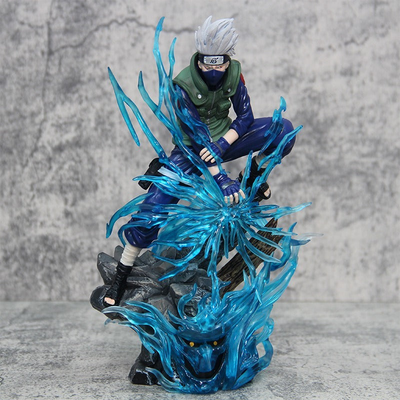 Action Ninja PVC Figure - White Haired Martial Arts Poses with Dynamic Effect on Rock Base Collectible