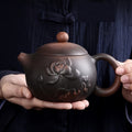 Handcrafted Purple Clay Teapot With Embossed For Lotus Design - Large Capacity, Smooth Pouring, Traditional Craftsmanship - Perfect For Home Brewing & Gifting