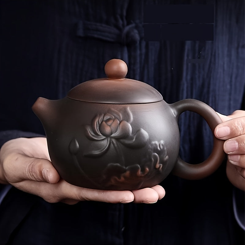 Handcrafted Purple Clay Teapot With Embossed For Lotus Design - Large Capacity, Smooth Pouring, Traditional Craftsmanship - Perfect For Home Brewing & Gifting