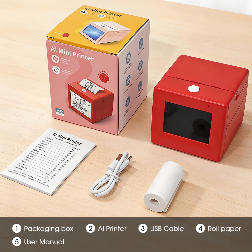 AI Mini Glasovni Štampač: Govorite i Štampa! Pretvara Glas u Instantne Skice, Beleške, Stikere. Prenosivi 8X8.8X9.6Cm, Ručni i Lak za Nošenje. Odličan za Kreativne Zadatke, Putovanja, Pametan Život. Uključuje Rolnu Papira & Kabl. Vaš Lični AI Štampač