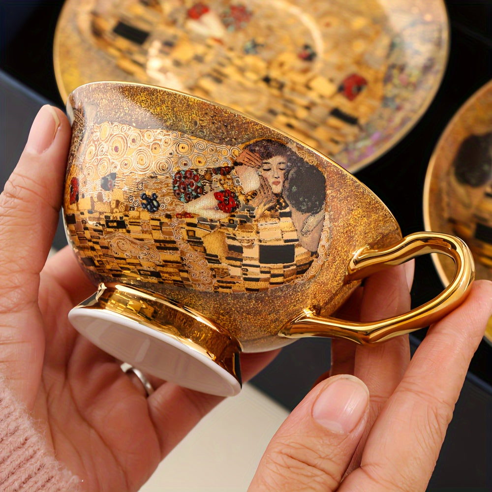 Evropski luksuzni visokokvalitetni šolj za kafu od kostane porcelana sa zlatnim ivicama, delikatni romantični engleski set za čaj sa šoljom, tanjirićem i kašikom, 1 šolja, 1 tanjirić, 1 kašika, poštarom, 200ml/7.03oz