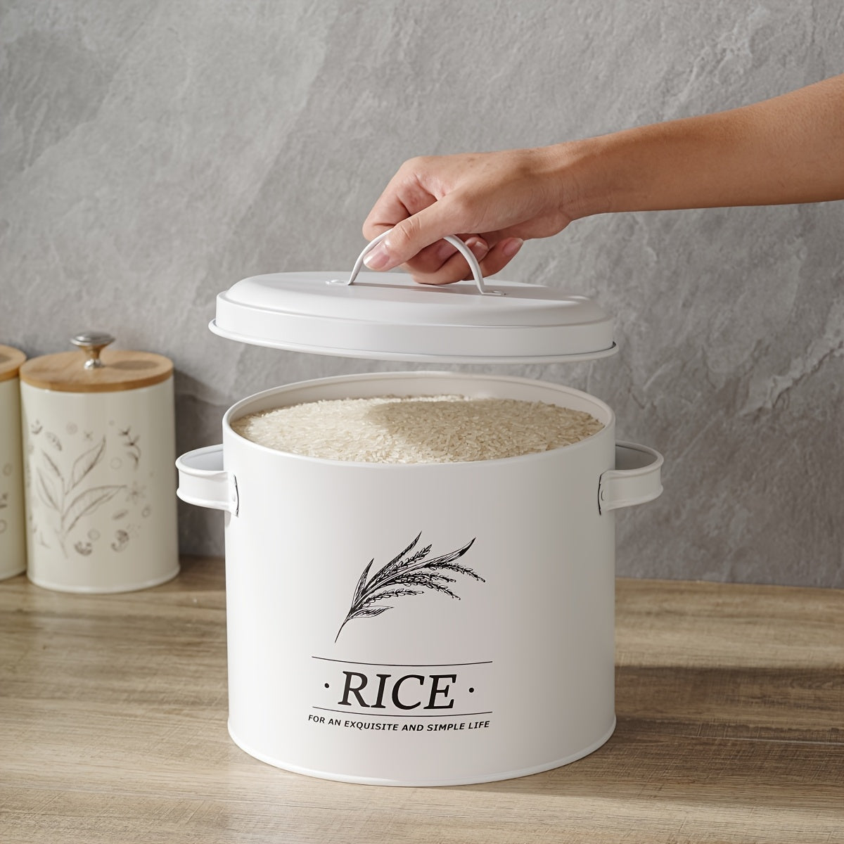 A Round White Metal Storage Canister for Organizing Rice, Potatoes, Vegetables, Food Containers, Kitchen Supplies, Housewarming Gifts, Suitable for Dining Rooms, Dorms, And Homes