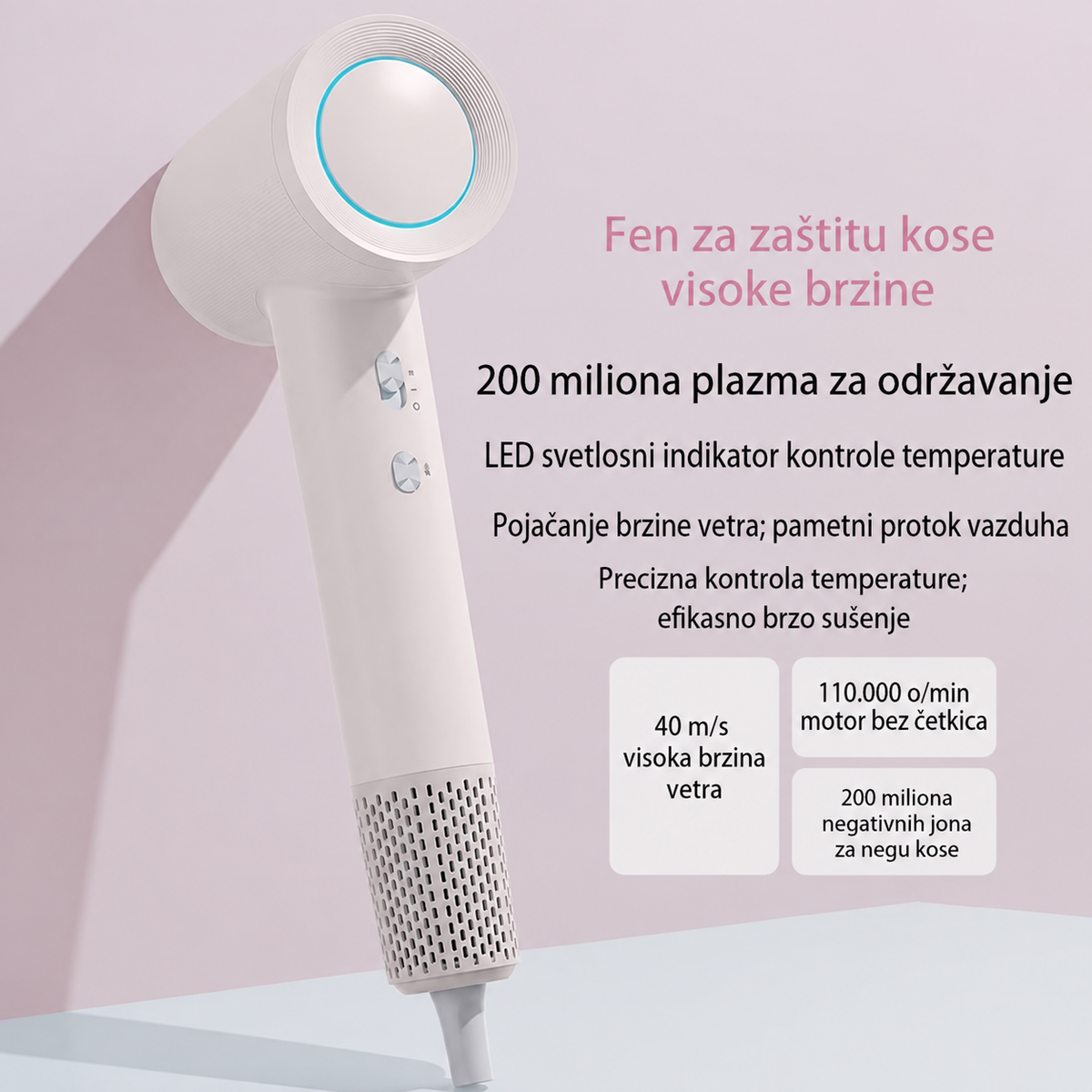 Fen velike brzine sa niskim nivoom buke, negativnim jonima i inteligentnom kontrolom temperature