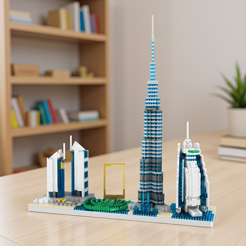 Model građevinskih blokova sa mikro česticama sa siluetom Dubaija, sa Burj Khalifom, hotelom Jumeirah Beach i scenom fontane, kreativan poklon za dečake. Statična verzija, bez struje, bez kutije u boji