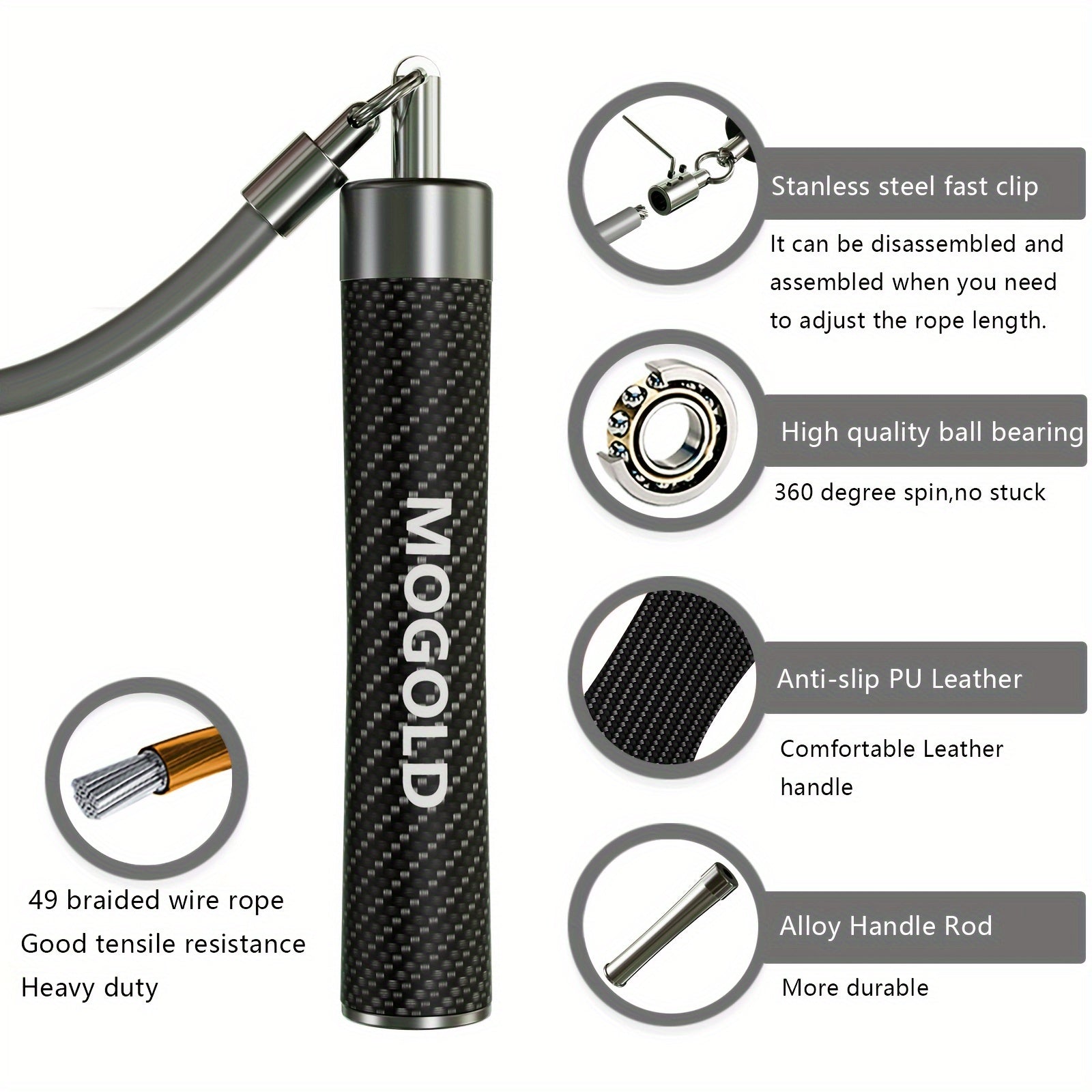 Jedan set profesionalnog MOGOLD opterećenog čeličnog skakačkog konopa od 8mm za boks, aerobik i sagorevanje u teretani sa ergonomskom drškom od aluminijumske legure