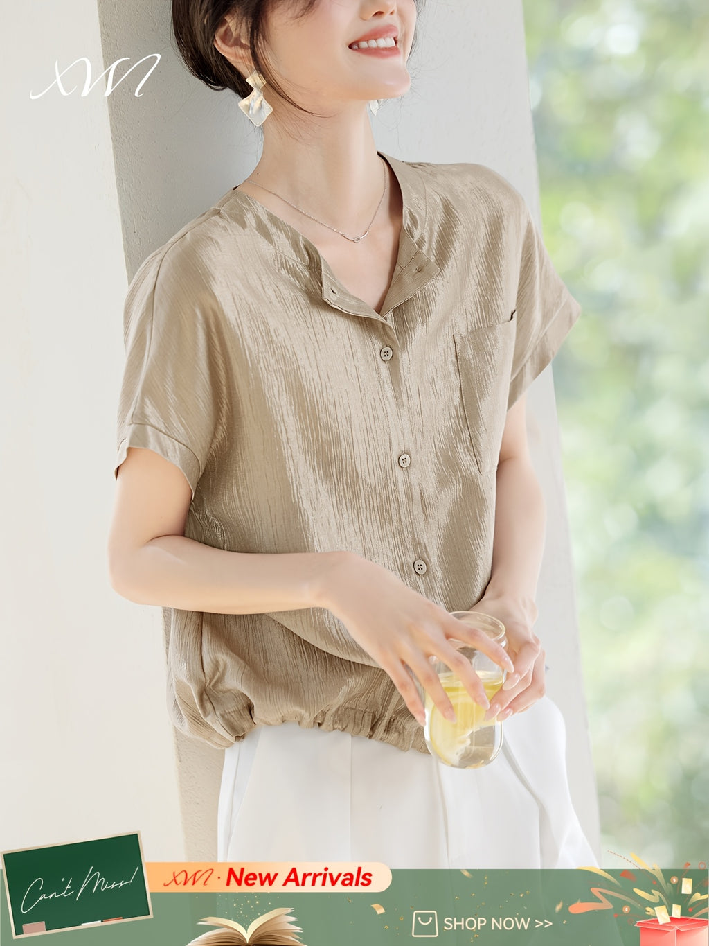 XWI New Spring/Summer Women's Shirt, High-IQ Lazy Acetate Blouse Top, Casual and Fashionable Short-Sleeve Shirt for Daily Commuting, Featuring a High-IQ Feel, Light, Casual, and Refreshing Style