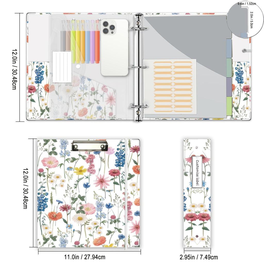A4 Fascikla sa 3 rupe za slikanje mastilom, Floral Ring Clipboard fascikla, pogodna za papir formata Letter (21.59 X 27.94 cm), sa 5 komada pregrada za etikete i 1 kom torbe za dokumenta, za školu, kancelarijski materijal, recepte, note