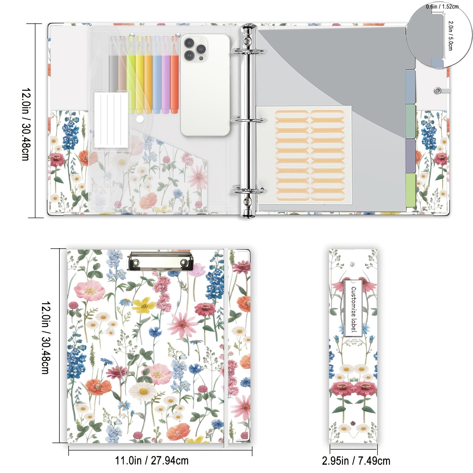 A4 Fascikla sa 3 rupe za slikanje mastilom, Floral Ring Clipboard fascikla, pogodna za papir formata Letter (21.59 X 27.94 cm), sa 5 komada pregrada za etikete i 1 kom torbe za dokumenta, za školu, kancelarijski materijal, recepte, note