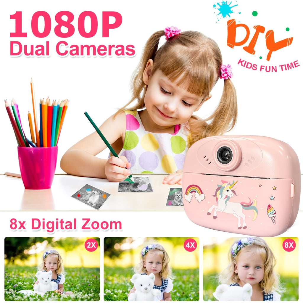 Dečiji fotoaparat za trenutni štampanje 5-u-1 - Odmah štampa fotografije, ima funkciju velike foto-budke, mini-igre, 8x digitalni zum, 1080P HD ekran, fotografija - Uključuje USB kabl, traku za nošenje i tri rolne papira za štampanje - Savršen poklon za N