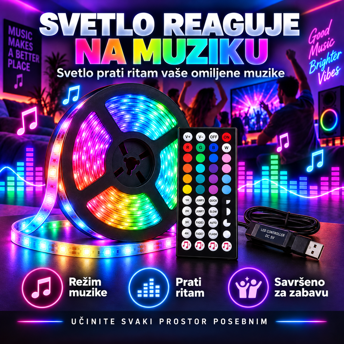 RGB LED traka 5m USB – ambijentalno osvetljenje sa daljinskim upravljačem i kontrolom muzike