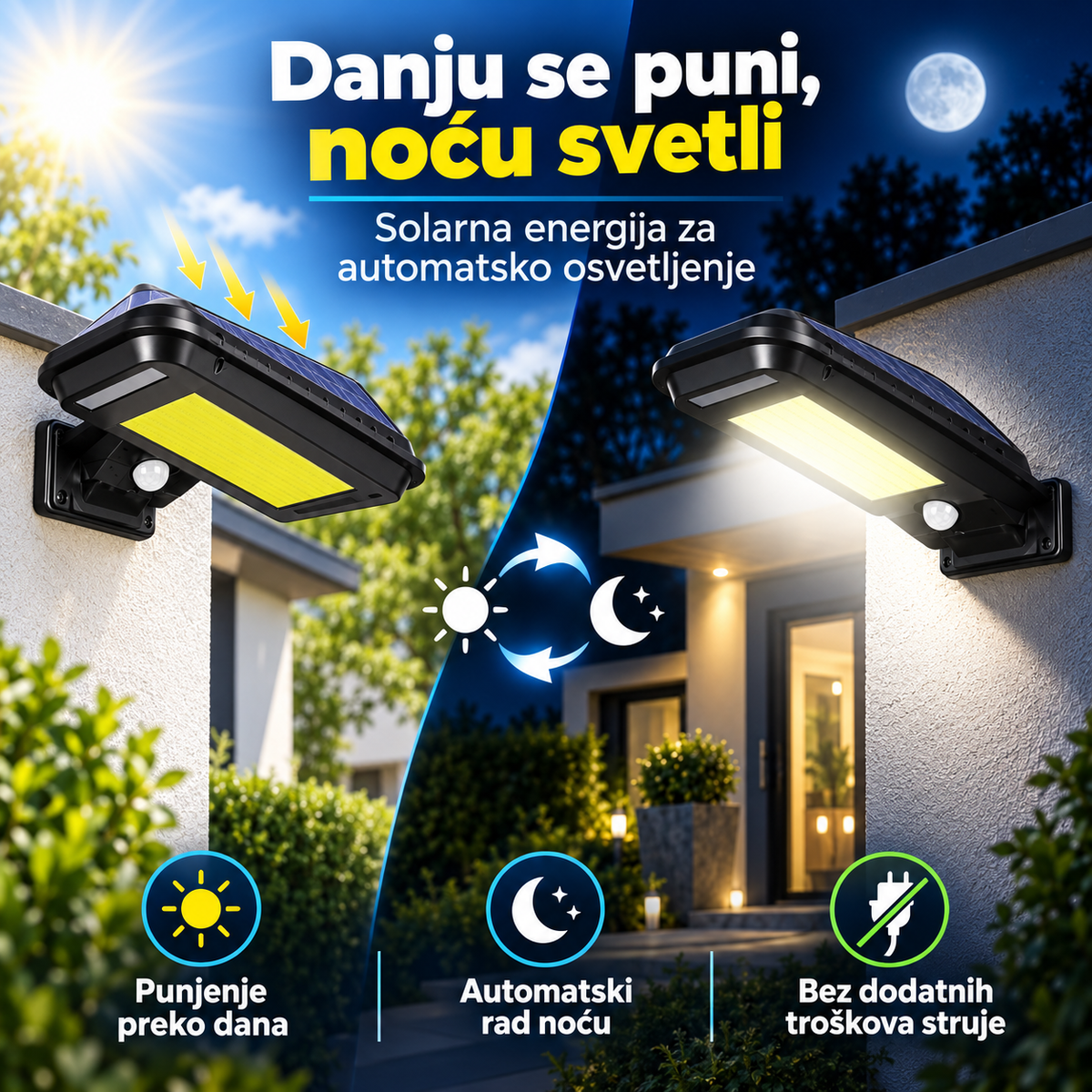 Solarna LED lampa sa senzorom pokreta 10W COB – spoljna zidna rasveta sa solarnim punjenjem
