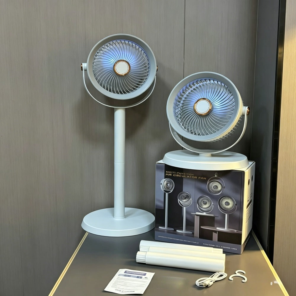 2026 New Rechargeable Air Circulator Fan, 5-Speed Adjustable Silent Floor Fan with Built-In Warm Light Night Light, 360° Rotatable And Height Adjustable, Dual Use for Hanging And Tabletop, Suitable for Bedroom, Office, And Outdoor Camping