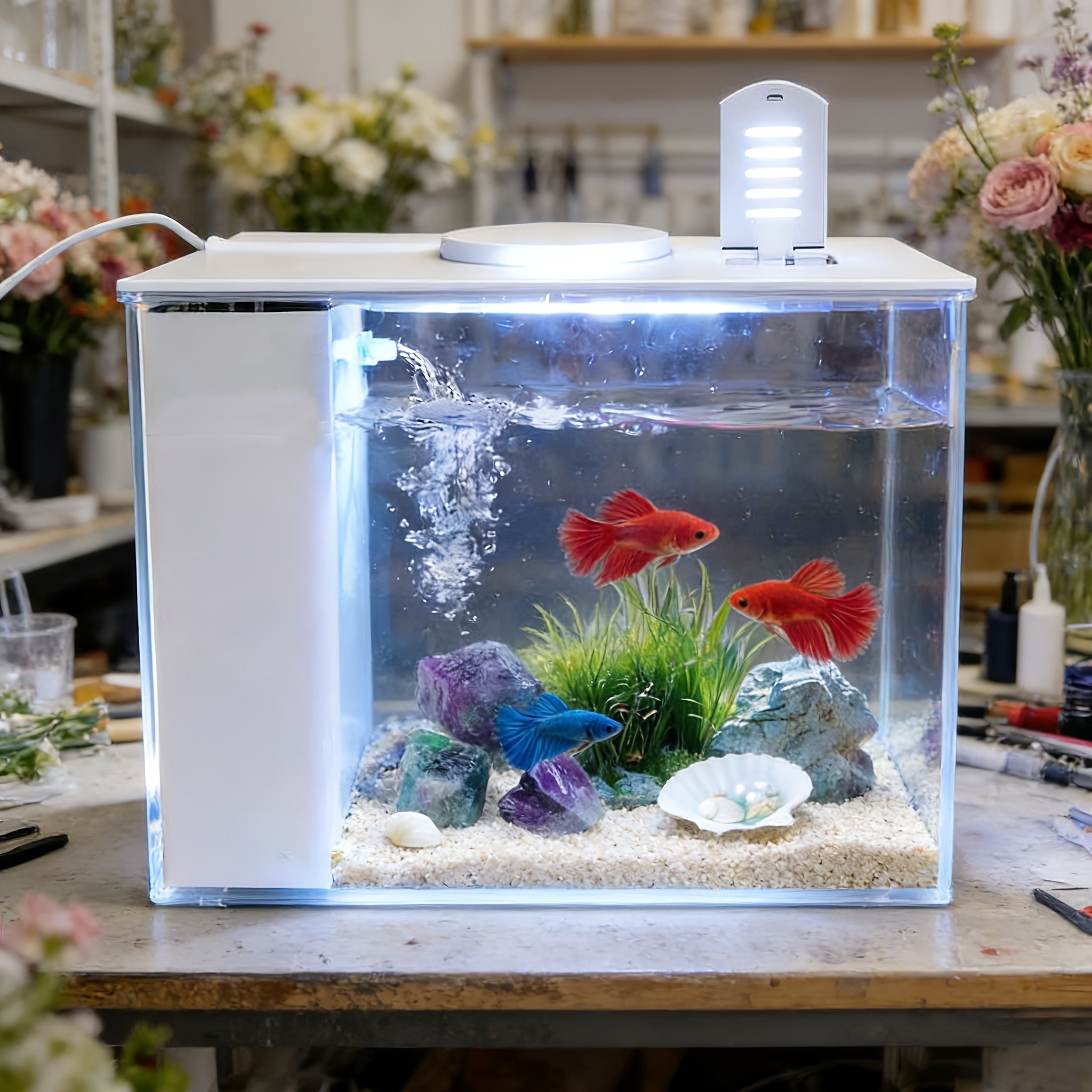 Pametni LED komplet za akvarijum sa USB priključkom za punjenje i funkcijom čišćenja. Dolazi sa pumpom za vodu, svetlom za akvarijum i ukrasima od smole, savršen za male akvarijume kod kuće, u spavaćoj sobi i na radnom stolu za stvaranje umetničkih mikro
