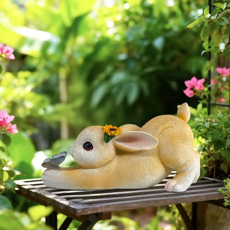 A decoration rabbit statue decoration with solar butterfly light, villa lawn decoration garden rabbit statue ornament, suitable for courtyard, balcony, yard, lawn decoration - unique housewarming gift